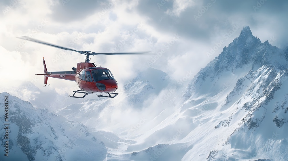 18. A sleek helicopter flying over a snowy mountain range 18. A sleek helicopter flying over a snowy mountain range