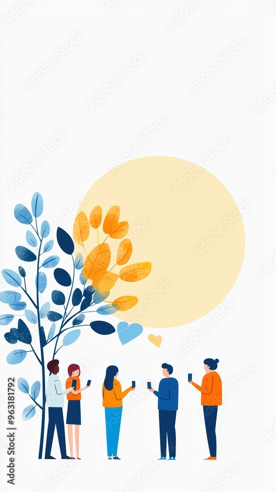 Brand ambassadors on social media, people sharing branded content, flat design illustration