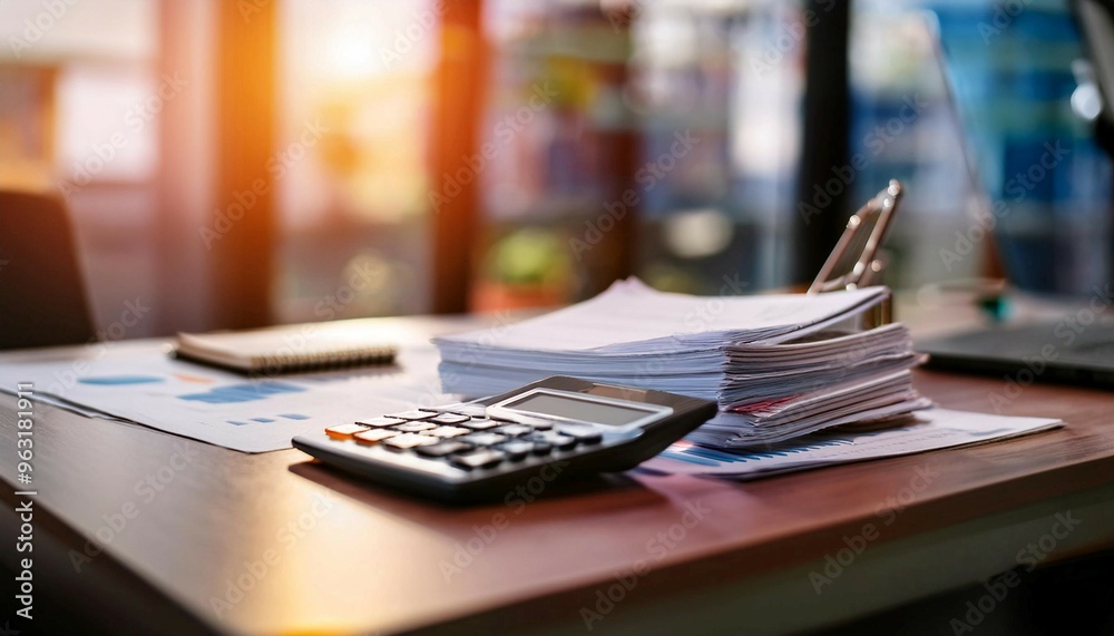 Financial documents and a calculator on a desk, symbolizing accounting, finance, and budgeting. Financial documents and a calculator on a desk, symbolizing accounting, finance, and budgeting.