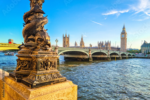 Palace of Westminster and Big Ben view from Thames river