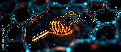 A close-up of a glowing key and lock on a digital background, symbolizing security and access in a modern context. photo