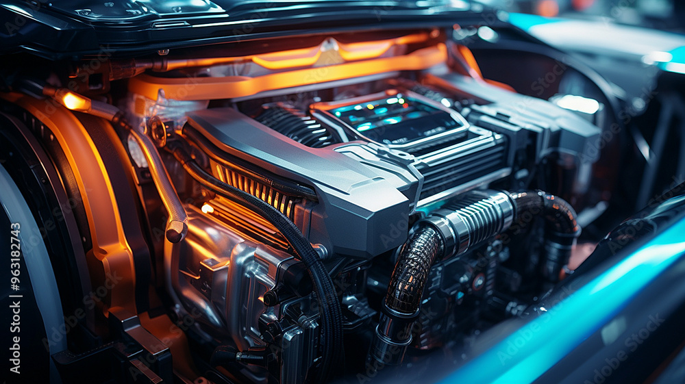 High-tech futuristic car engine with illuminated components in a sleek modern design.
