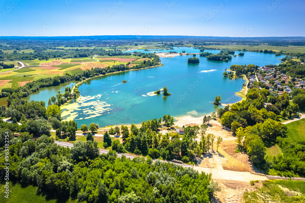 Naklejka premium Soderica lake in Podravina region aerial summer view
