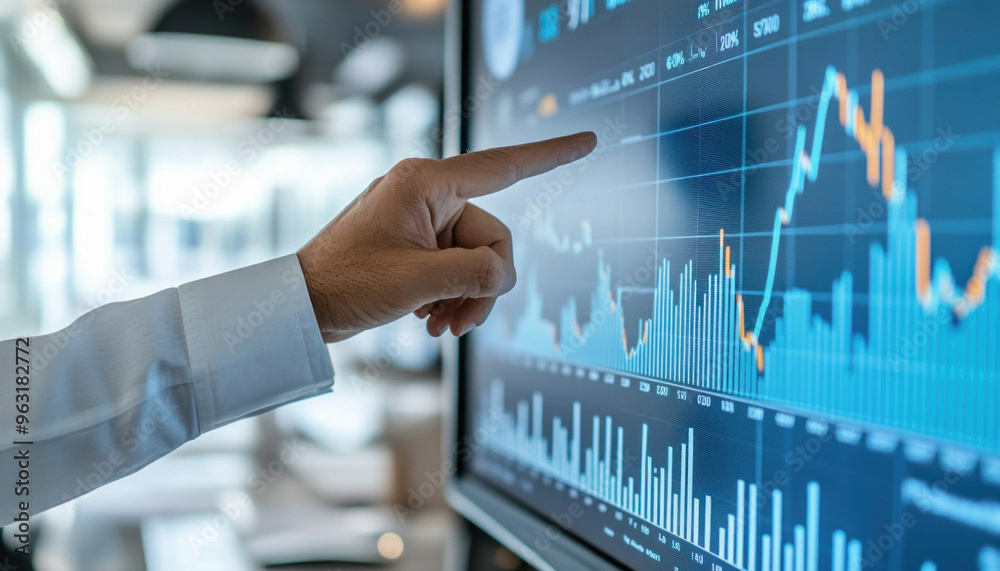 Businessman analyzing financial data on computer screen with charts and graphs Businessman analyzing financial data on computer screen with charts and graphs