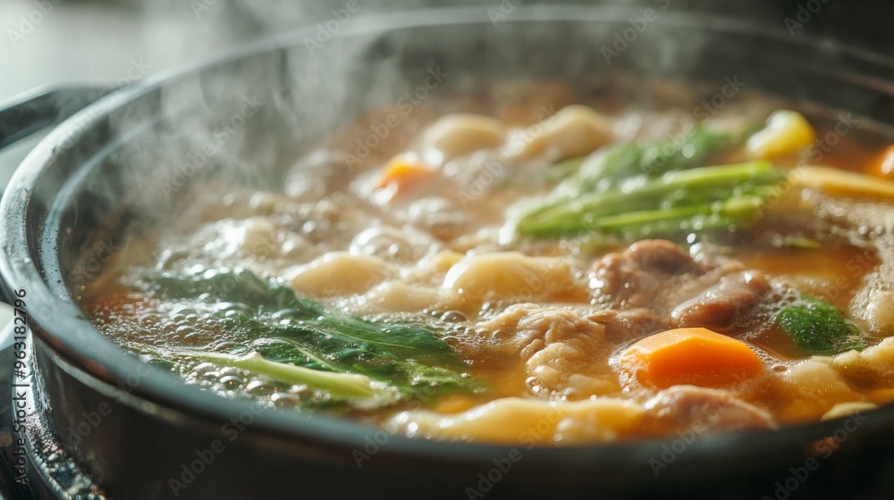 Detailed view of a steaming hot pot with a close focus on the broth and ingredients, showcasing the texture and freshness of vegetables and meat as they cook. Detailed view of a steaming hot pot with a close focus on the broth and ingredients, showcasing the texture and freshness of vegetables and meat as they cook.