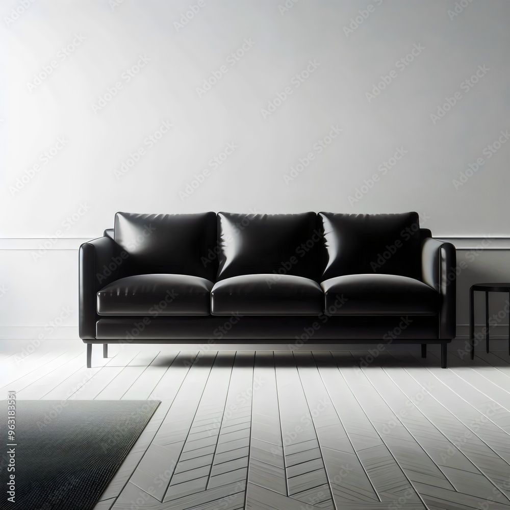 Home design. Black leather sofa against the backdrop of a bright room. 3D illustration. Home design. Black leather sofa against the backdrop of a bright room. 3D illustration.