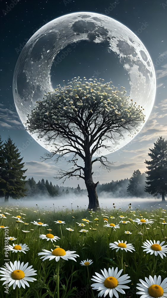 Abstraktion Mond und Kamillenfeld 9x16. Hintergrund für das Design 3. Abstraktion Mond und Kamillenfeld 9x16. Hintergrund für das Design 3.