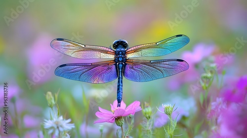 29. A dragonfly with iridescent wings hovering above a blooming meadow