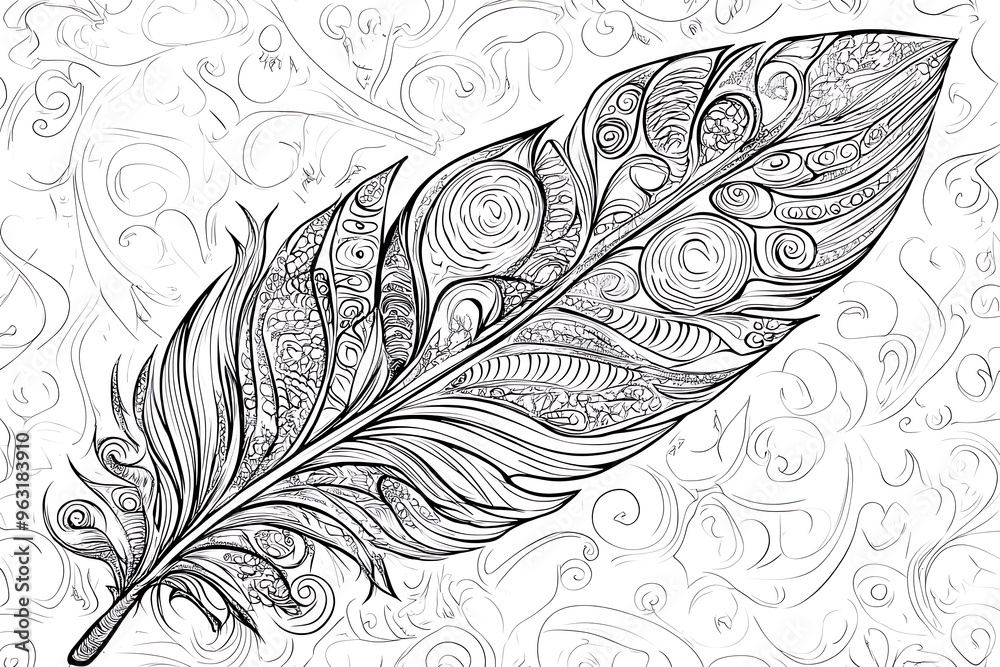 Obraz premium bird feather from wing isolated. Black and white engraved ink art. Isolated feather illustration element on white background.