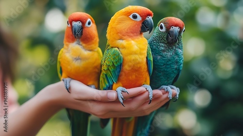 Parrots are sitting on a handA girl with birdsCockatiel parrots of different colorsThe owner of parrots Pets Cockatiel parrotsPortrait with birdsCute birdsPet shop and keeping petsCore : Generative AI photo