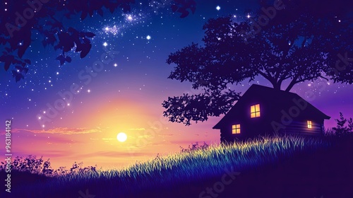  A serene summer night landscape featuring a tranquil cabin illuminated by soft sunlight under a vast, starlit sky. 