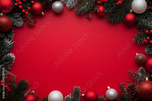 A beautiful red Christmas template decorated with silver and red ornaments, pinecones, and fir branches. photo