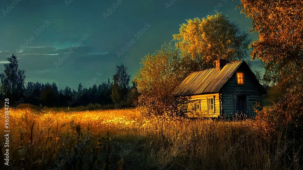 A tranquil autumn evening landscape featuring a sunlit cabin under twilight skies. The serene atmosphere is highlighted by the warm glow of the cabin, surrounded by fall foliage A tranquil autumn evening landscape featuring a sunlit cabin under twilight skies. The serene atmosphere is highlighted by the warm glow of the cabin, surrounded by fall foliage