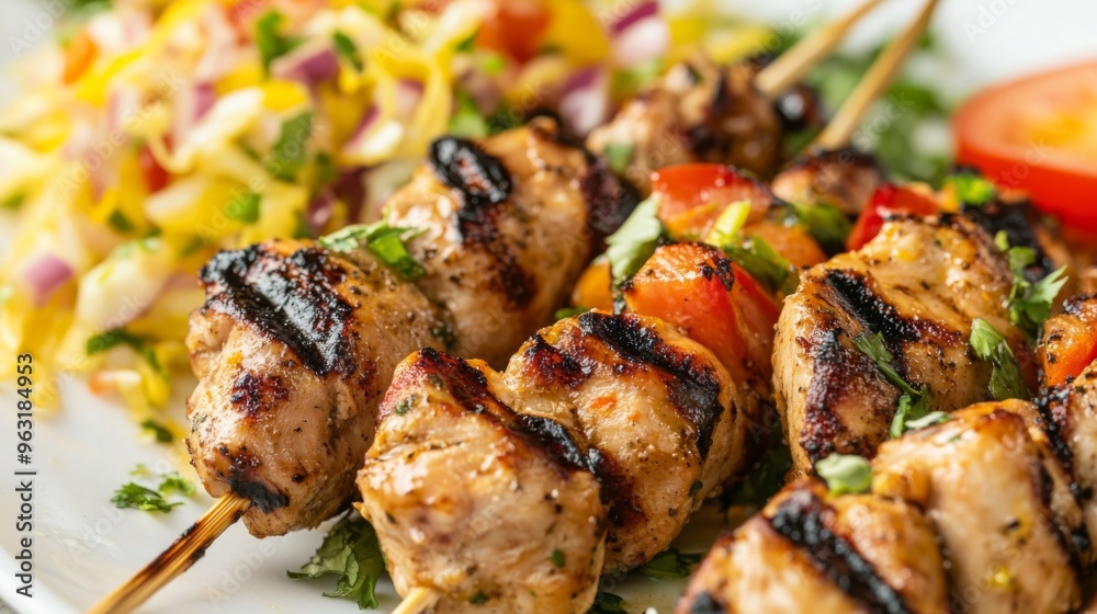 Detailed view of grilled chicken skewers served with a fresh and crunchy papaya salad, emphasizing the rich flavors and colorful presentation. Detailed view of grilled chicken skewers served with a fresh and crunchy papaya salad, emphasizing the rich flavors and colorful presentation.