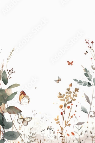 winter foliage with butterflies watercolored painting illustration with soft light soft colors