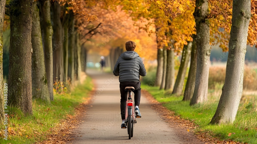 Cyclist Enjoying Autumn Bike Ride on Path Through Colorful Woodland Cyclist Enjoying Autumn Bike Ride on Path Through Colorful Woodland