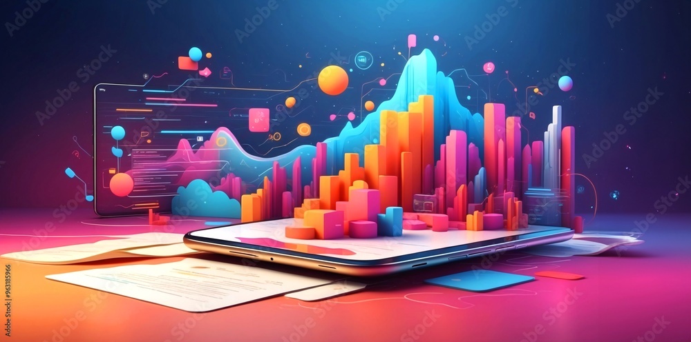 Graphic design background of tech scene or neon light blue beige tone ...