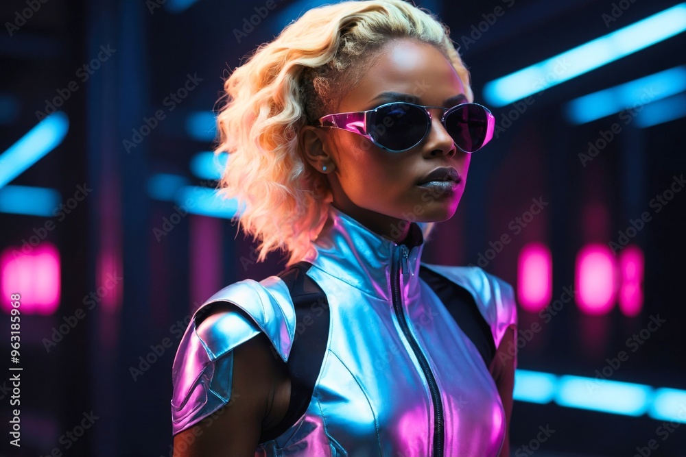 Futuristic fashion portrait photo of a beauty confident smart blonde hair woman with neon lights. Futuristic fashion portrait photo of a beauty confident smart blonde hair woman with neon lights.