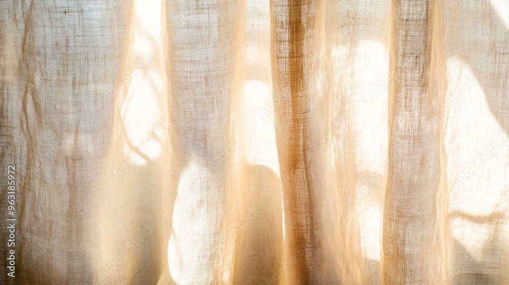 Soft sunlight streaming through sheer linen curtains in a cozy interior space Soft sunlight streaming through sheer linen curtains in a cozy interior space