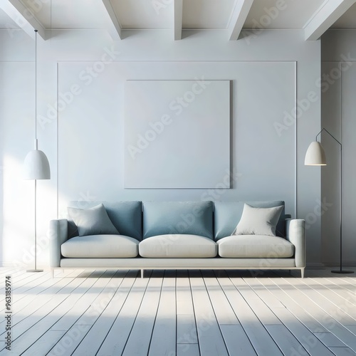 Modern interior design. Spacious room with a sofa. 3D rendering.
