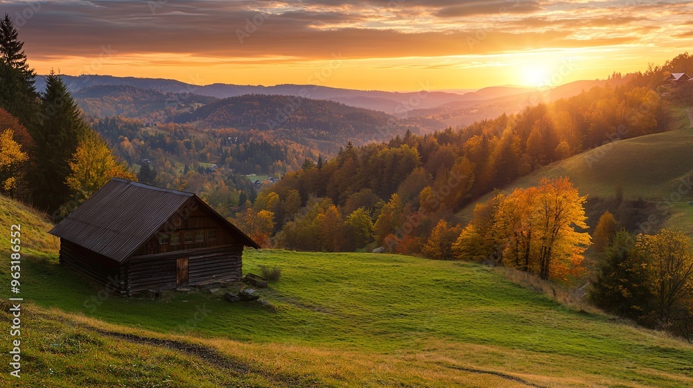 A tranquil autumn evening landscape featuring a sunlit cabin under twilight skies. The serene atmosphere is highlighted by the warm glow of the cabin, surrounded by fall foliage A tranquil autumn evening landscape featuring a sunlit cabin under twilight skies. The serene atmosphere is highlighted by the warm glow of the cabin, surrounded by fall foliage