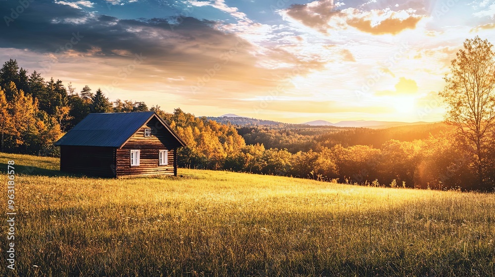 A tranquil autumn evening landscape featuring a sunlit cabin under twilight skies. The serene atmosphere is highlighted by the warm glow of the cabin, surrounded by fall foliage A tranquil autumn evening landscape featuring a sunlit cabin under twilight skies. The serene atmosphere is highlighted by the warm glow of the cabin, surrounded by fall foliage