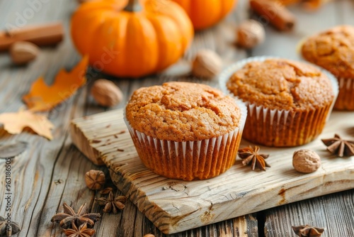 Pumpkin muffins on a wooden table homemade and freshly baked, fall dessert or snack idea