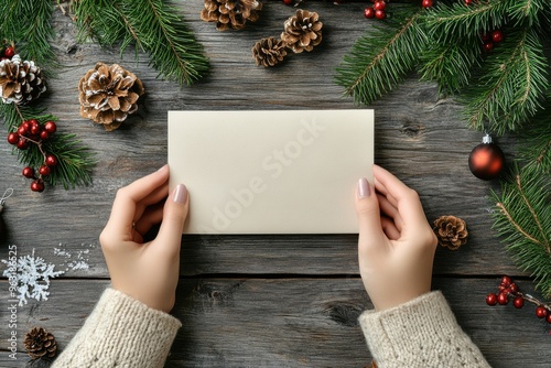 Female hands with blank card envelope and Christmas decorations pine cones and pine branches on wooden background, top view copy space