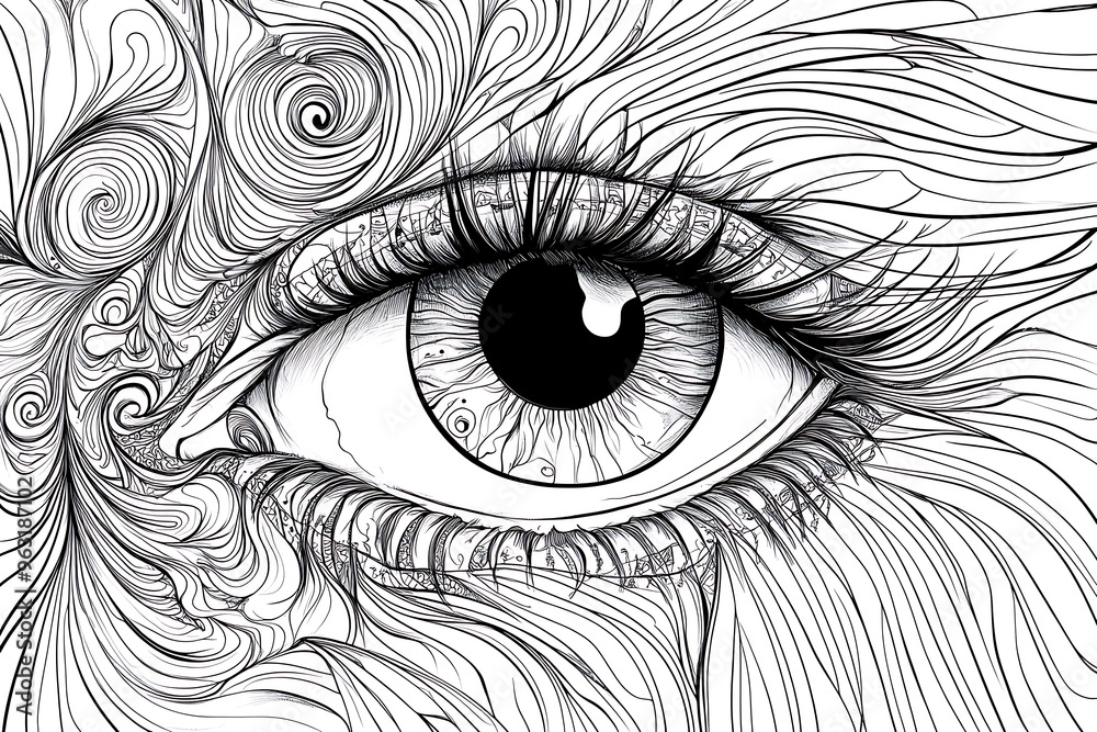 Obraz premium Antistress colouring page. Magic eye with feathers instead of eyelashes. Mandala style. Isolated on white. For child coloring book, tattoo design