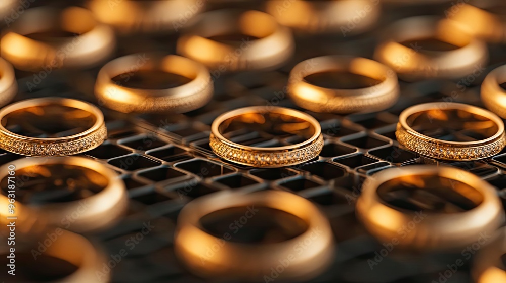 A close-up view of beautifully crafted gold rings arranged on a display. Perfect for showcasing elegance and luxury in jewelry. A close-up view of beautifully crafted gold rings arranged on a display. Perfect for showcasing elegance and luxury in jewelry.