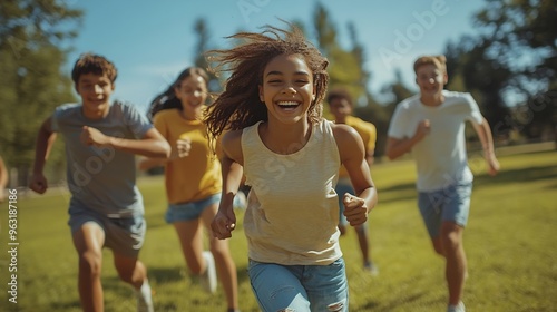 Multiracial youth excited group having fun and running around green meadow Outdoor recreational activities with friends and fun on sunny day in city park Healthy and positive relations : Generative AI