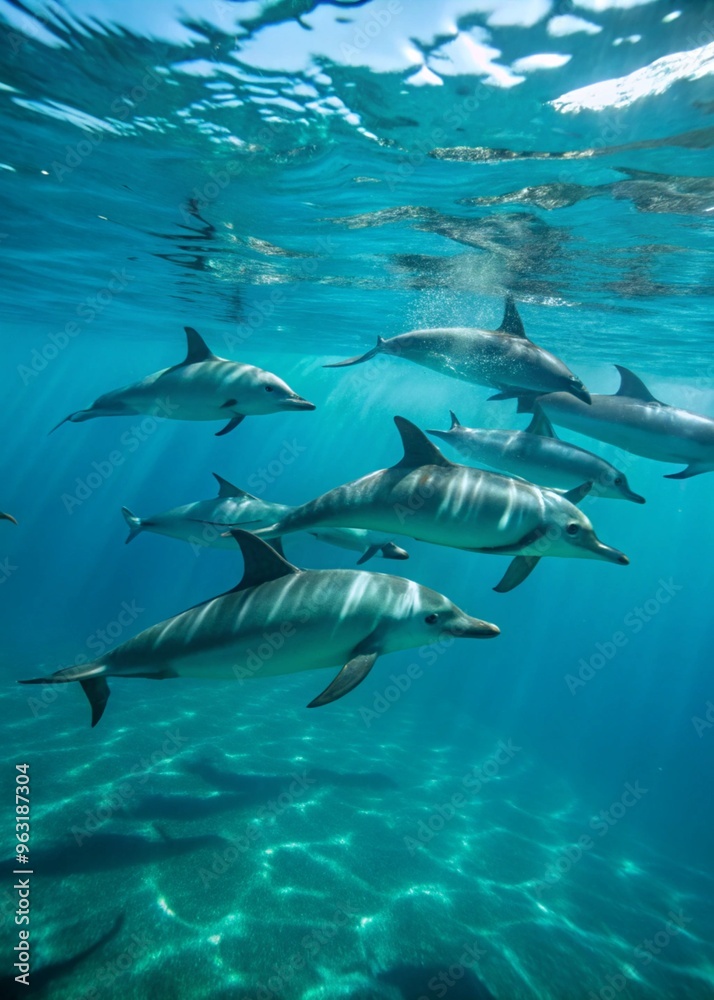 Fototapeta premium School of Dolphins Swimming Underwater in Clear Ocean, Marine Wildlife Photography
