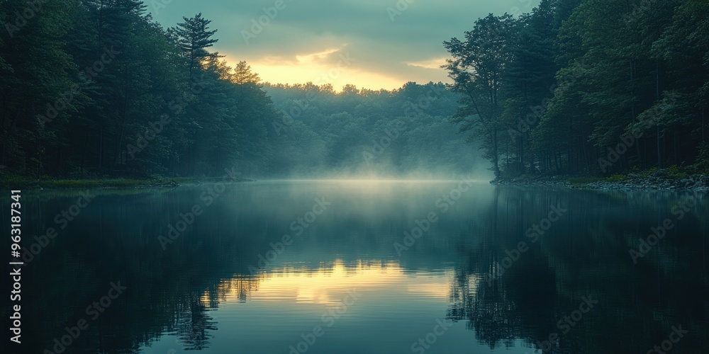 Serene Foggy Sunrise Over a Still Forest Lake Serene Foggy Sunrise Over a Still Forest Lake