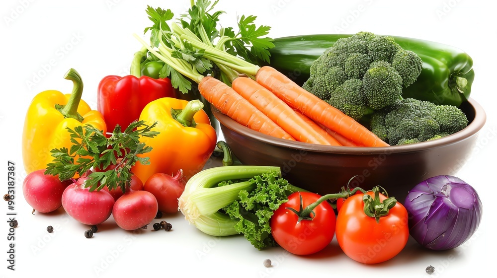 A bowl of fresh vegetables including carrots, broccoli, bell peppers, and radishes. A bowl of fresh vegetables including carrots, broccoli, bell peppers, and radishes.