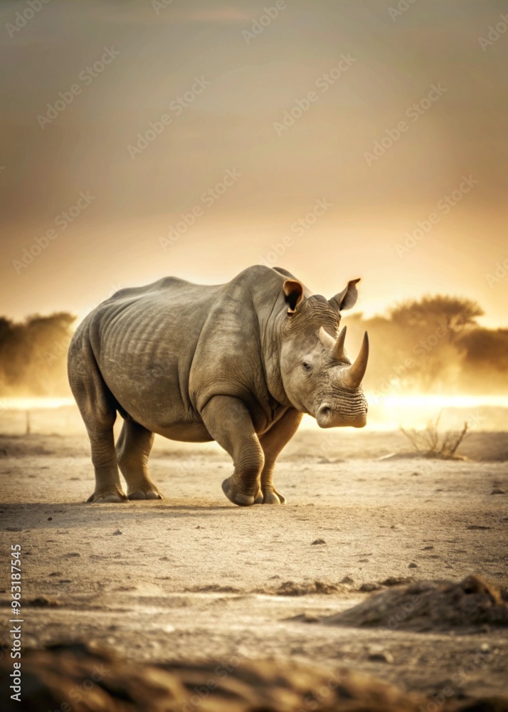 Fototapeta premium Rhino Walking Through Desert at Sunset, Wildlife Conservation Photography