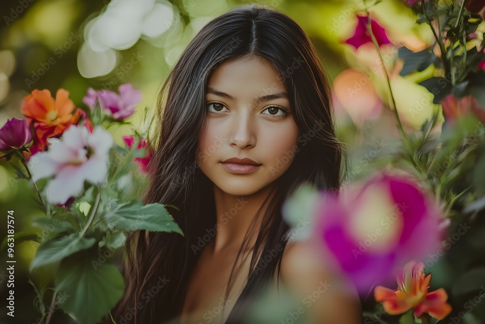 Naklejka premium Serene Latina Woman Surrounded by Vibrant Floral Garden