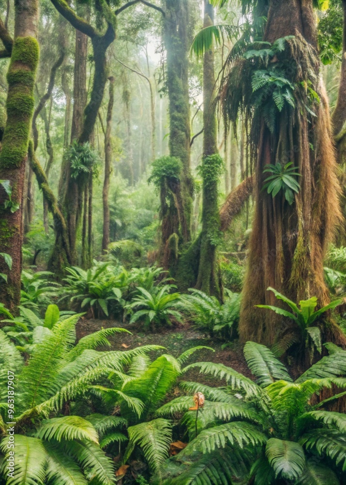 Obraz premium Misty Tropical Rainforest with Dense Greenery, Nature Conservation Photography