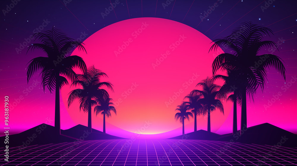 Naklejka premium Vaporwave Palm Trees Sunset Silhouette With Grid Landscape