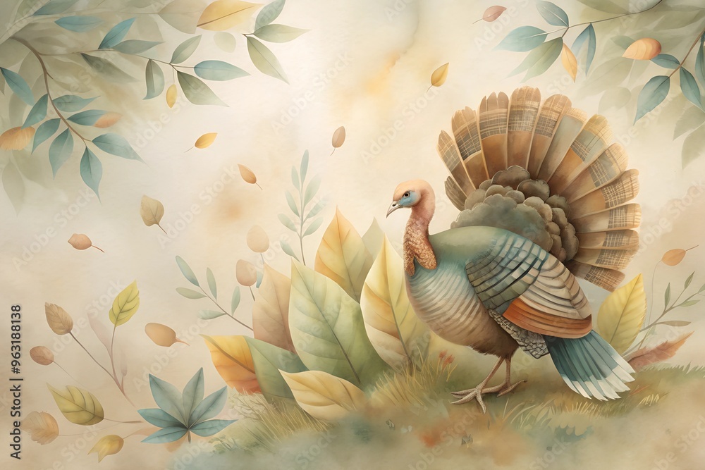 Thanksgiving turkey surrounded by autumn leaves watercolor illustration Thanksgiving turkey surrounded by autumn leaves watercolor illustration