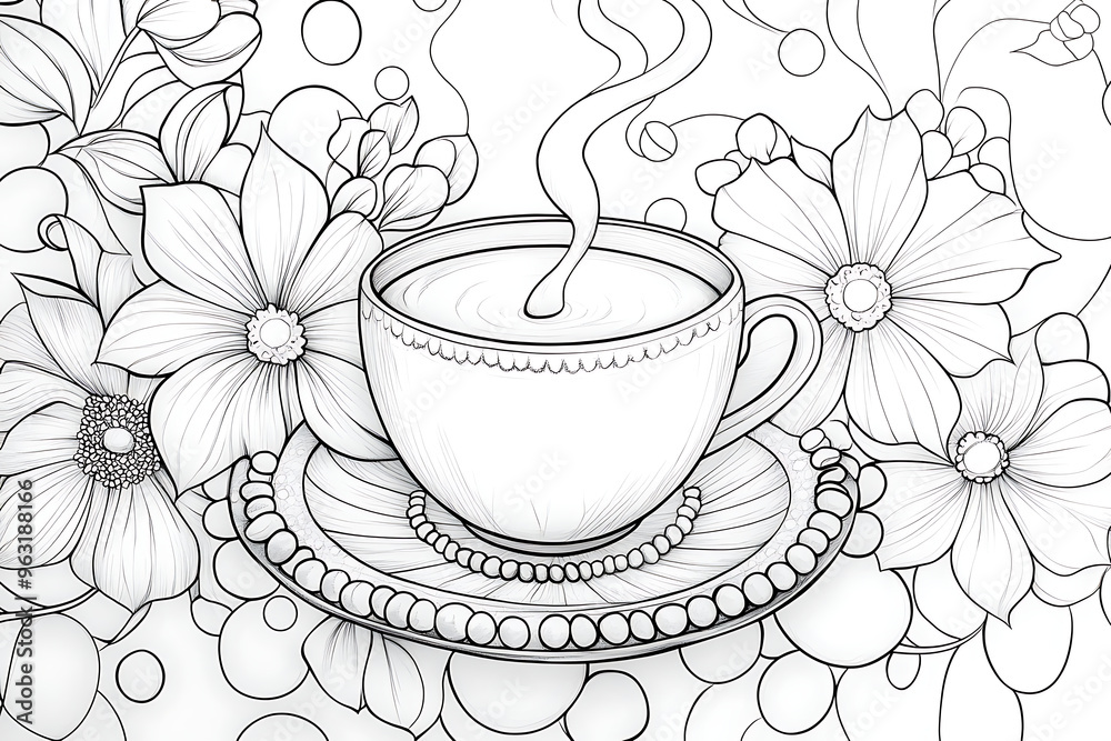 hand drawn ink doodle coffee cup and coffee pairs and dream catcher on white background. design for adults, print, t-shirt, flyers. sketch
