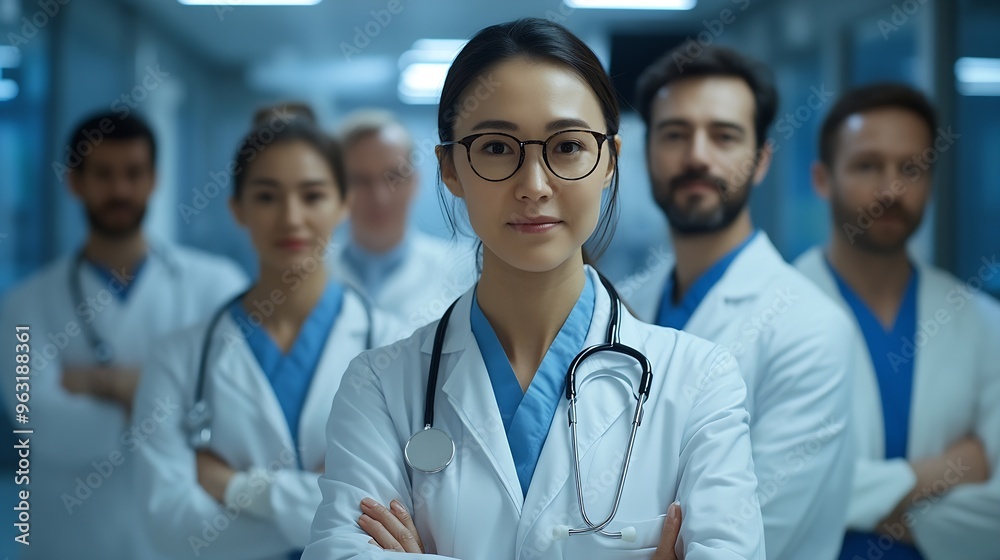 Successful Team Of Medical Interns Standing In Hospital Headed by Main Doctor : Generative AI