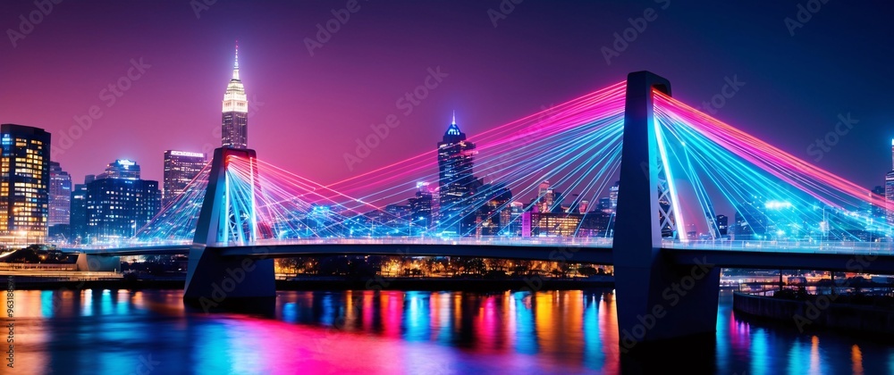 Obraz premium Modern cityscape and communication network concept. Telecommunication. IoT (Internet of Things). ICT (Information communication Technology). 5G. Smart city. Digital transformation.