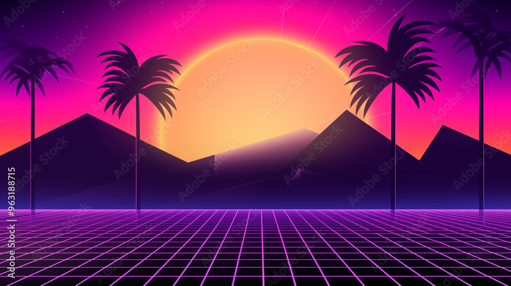 Fototapeta premium Neon Sunset Behind Mountains With Palm Trees In Vaporwave Grid Design