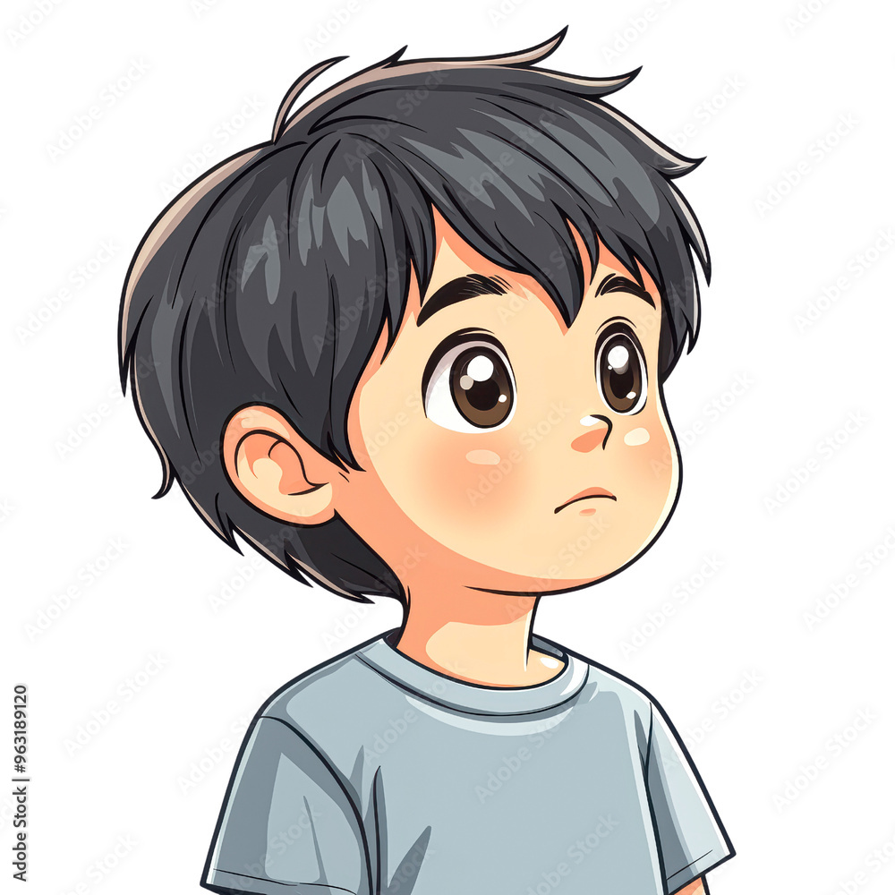 A charming illustration of a child with wide isolated on transparency PNG background, curious eyes looking upwards, ideal for use in children's books, educational materials A charming illustration of a child with wide isolated on transparency PNG background, curious eyes looking upwards, ideal for use in children's books, educational materials