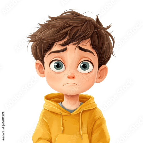 A young boy with large isolated on transparency PNG background, expressive eyes and messy brown hair looks sad and confused, wearing a yellow hoodie, Ideal for emotions, feelings, parenting