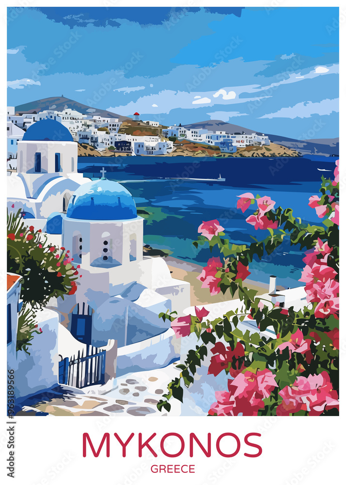 Mykonos Greece Poster Illustration Travel Print Decor Gift Paper Canvas Wall Retro Art