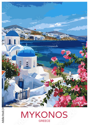 Obraz na płótnie Mykonos Greece Poster Illustration Travel Print Decor Gift Paper Canvas Wall Retro Art w salonie