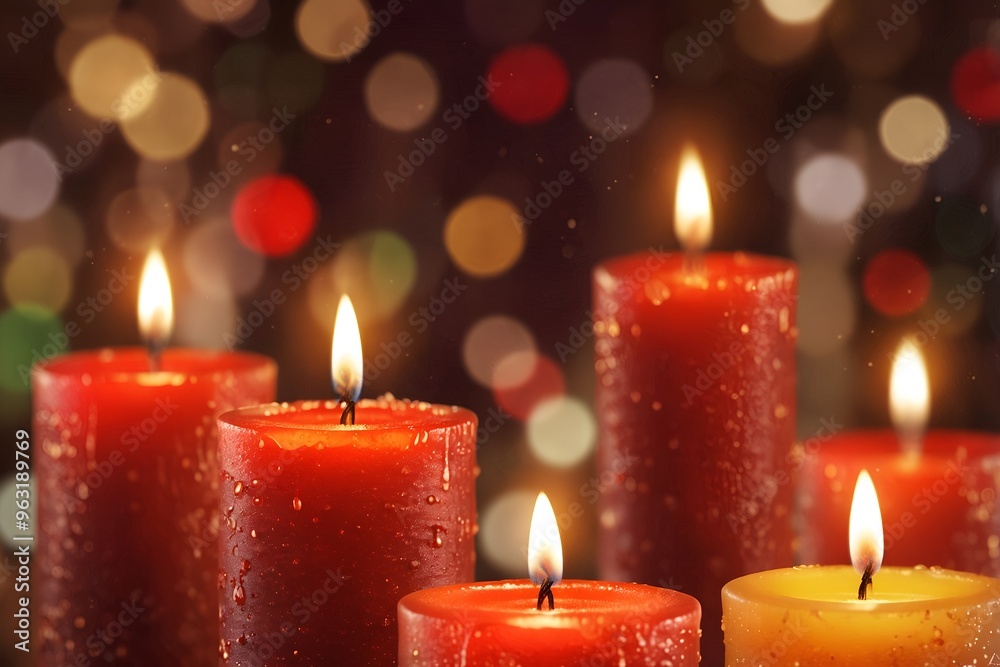 A collection of lit candles in warm hues create a cozy and inviting ambiance, perfect for celebrating togetherness and warmth during the winter season. A collection of lit candles in warm hues create a cozy and inviting ambiance, perfect for celebrating togetherness and warmth during the winter season.