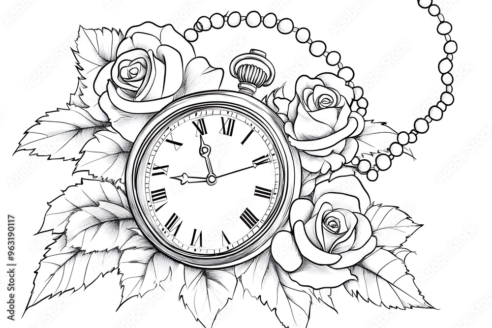 watercolor illustration with pink roses, chain, clock. Gothic background with flowers. Cool print on T-shirt, Tattoo. Vintage