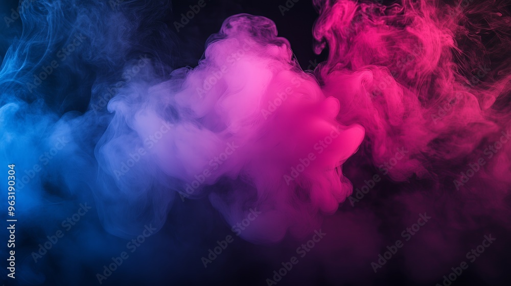 Abstract smoke with blue and pink light on black background.